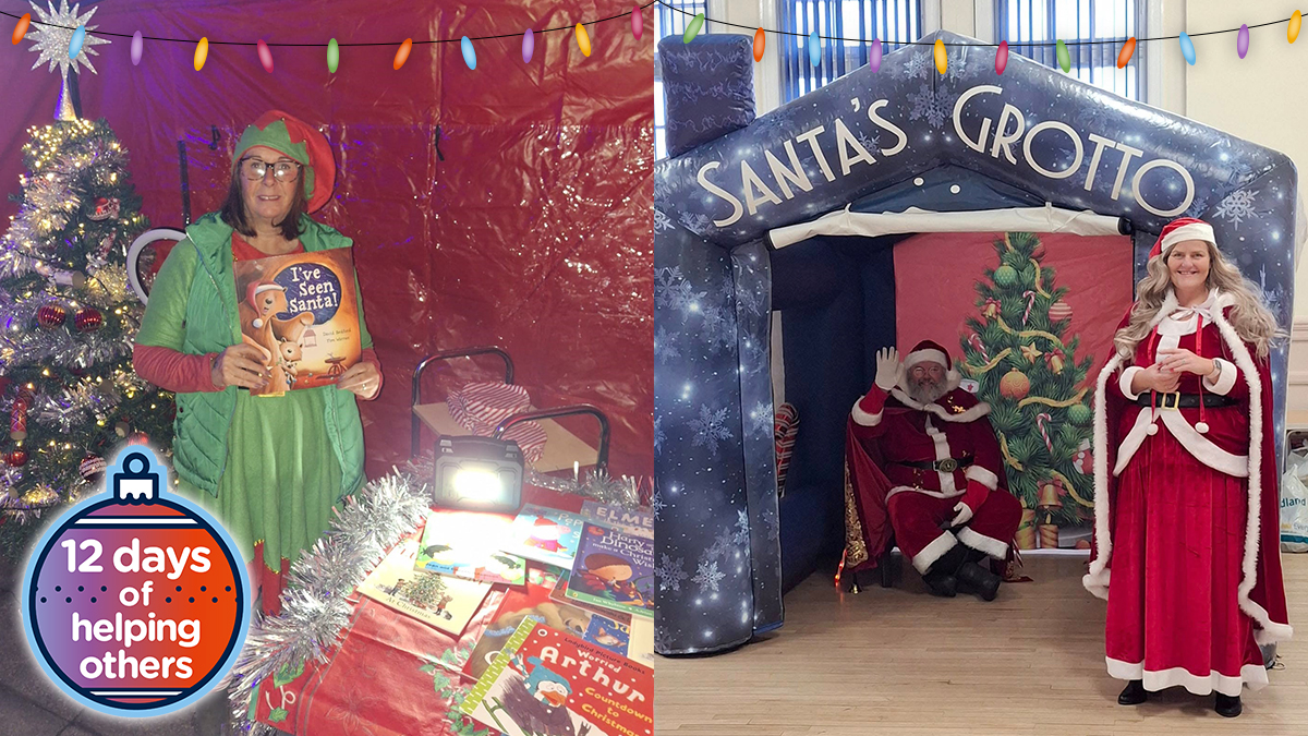 Santa's elf with books donated to give to children, plus Santa and Mrs Claus in an inflatable Santa's Grotto