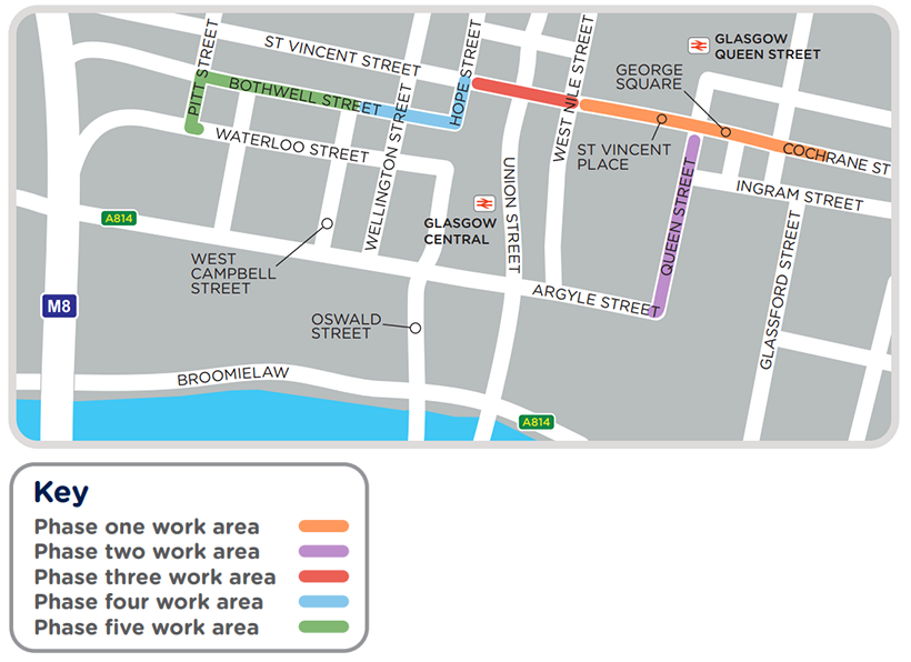 A map showing the phases of work in Glasgow City Centre. Phase 1 will be George Square. Phase 2 will be in Queen Street. Phase 3 will be on Cochrane Street on the junction between Hope Street and West Nile street. Phase 4 will be in Hope Street and Wellington Street. Phase 5 will be on Bothwell Street and Pitt's Street.