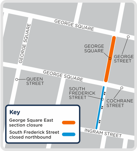 A map of Glasgow City centre. George square on George street will be closed. South Frederick street will be closed northbound.