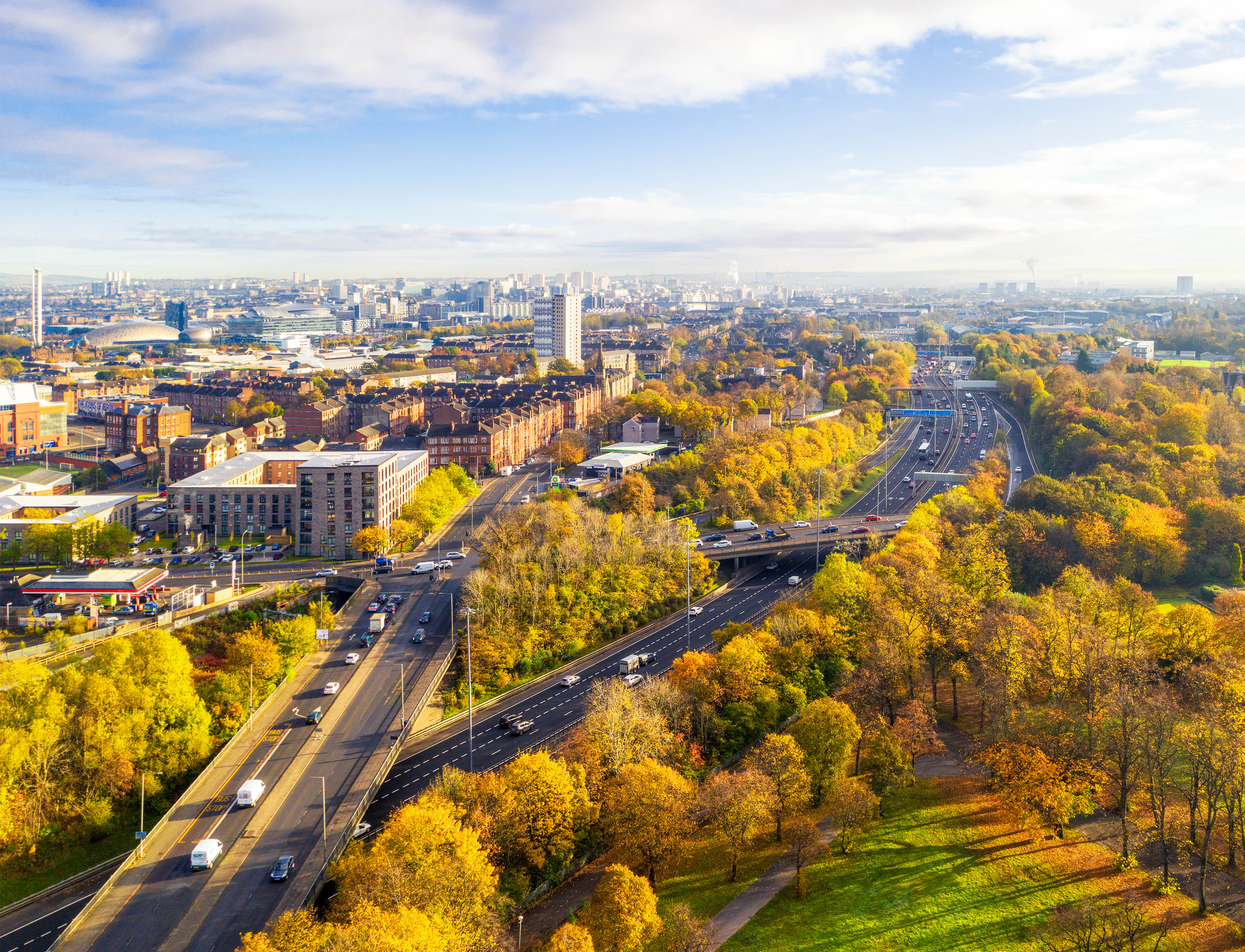 SGN's Environment Strategy front cover features Glasgow's Southside and central part of the city of Glasgow photographed from the air during autumn.