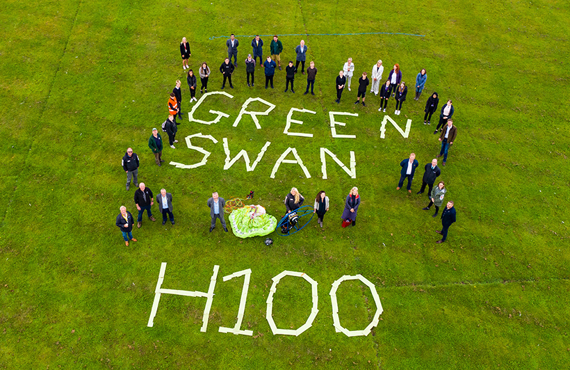 An aerial shot of Sacha Dench, the Human Swan, with Levenmouth Academy pupils, teachers and other stakeholders