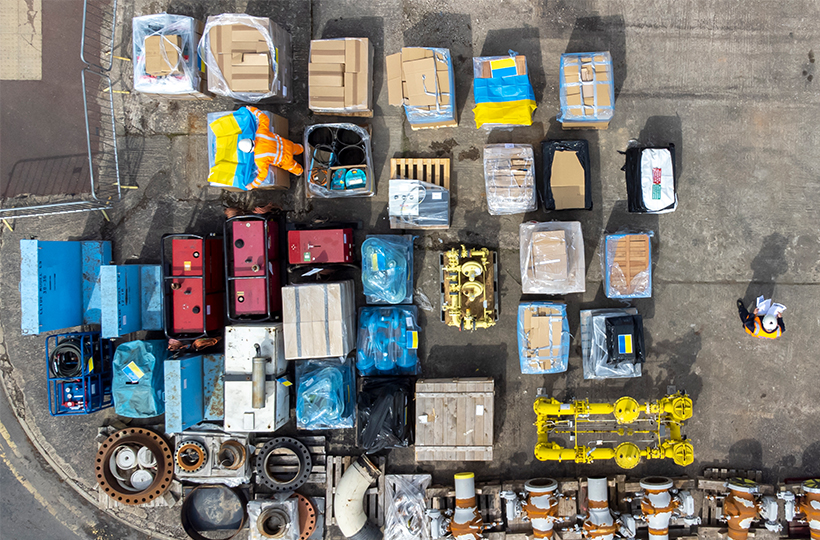 Aerial view of pallets of componets being prepared to be sent to Ukraine