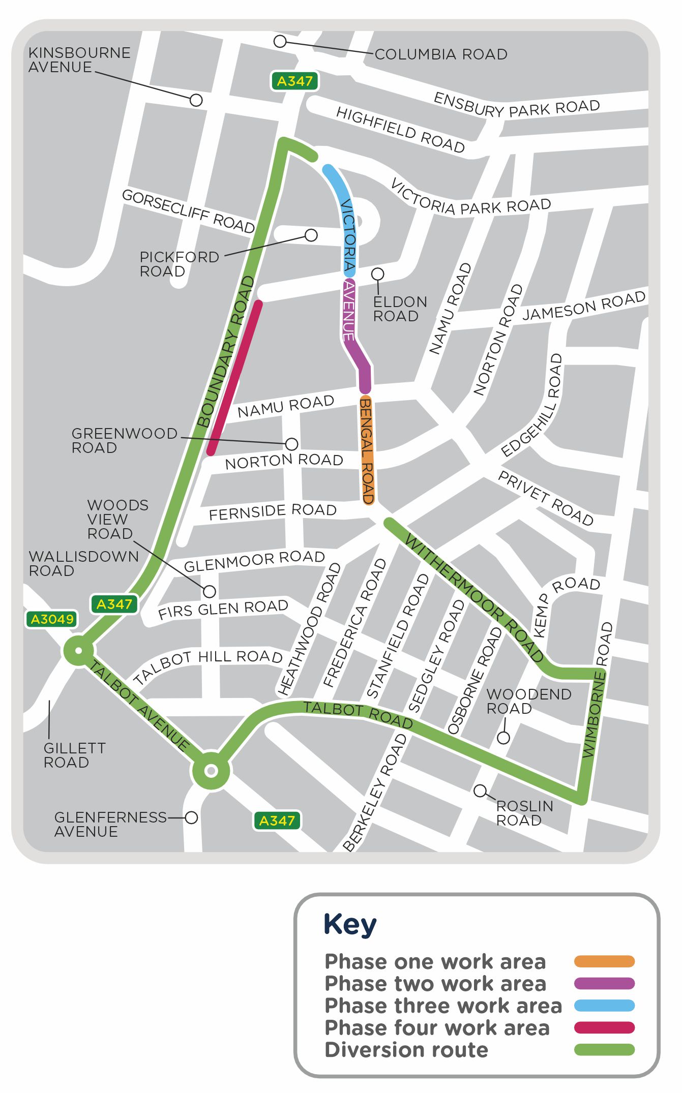 This map displays the closure areas and diversion route for four phases in our gas network upgrade project in Victoria Avenue, Bournemouth