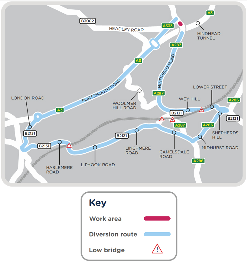 Diversion route map for our work in Hindhead Road, Haslemere