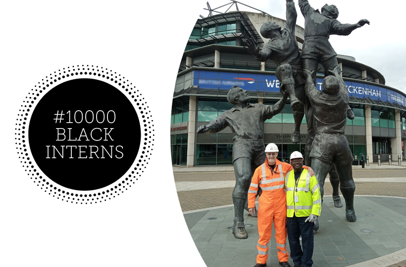 The 10,000 Black Interns logo next to a photo of Babajide Olujinmi and Steve Davey at Twickenham