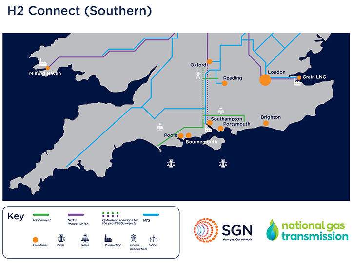 Map of southern England showing the integration of hydrogen pre-FEED pipelines and other infrastructure with key, plus SGN and National Grid Transmission logos