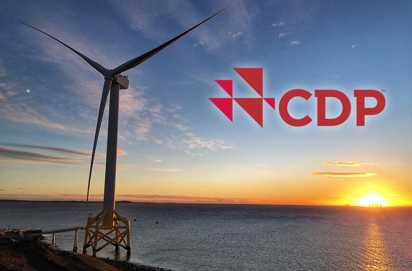A wind turbine overlooking water at sunset. The CDP logo is also visible.