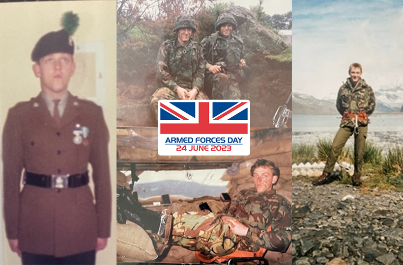 A collage of photos of Paul Doyle as a young man during his time in the Armed Forces. Text reads: Supporting our veterans - Paul's story. The logo for Armed Forces Day 2023 is also visible.