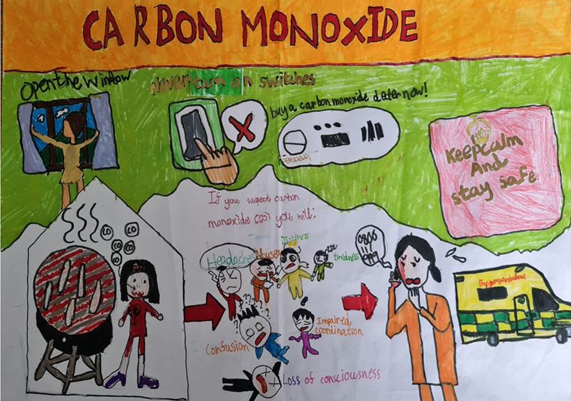 A child's multicoloured illustration of the dangers of carbon monoxide