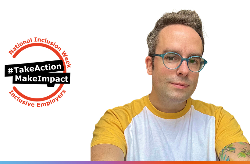 A man with glasses wearing a white and yellow tshirt. Logo for National Inclusion Week 2023 - Take Action Make Impact