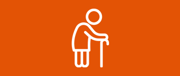 white icon of a person walking with a stick on an orange background