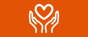 white icon showing two hands reaching towards a heart on an orange background 