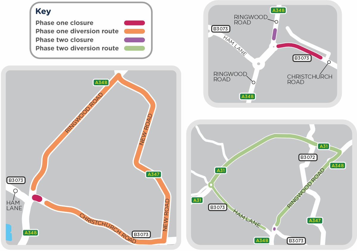 Three maps outlining the road closures and diversion routes during two phases of our work