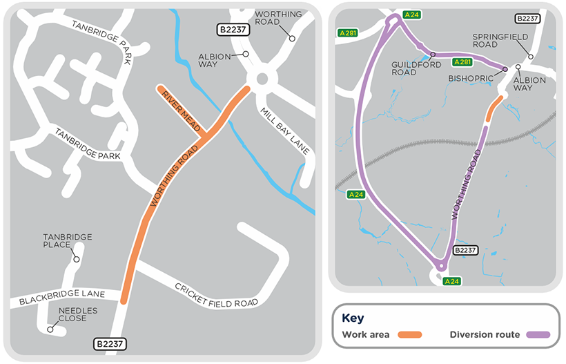 Map showing the closure and diversion for work being carried out in Worthing Road