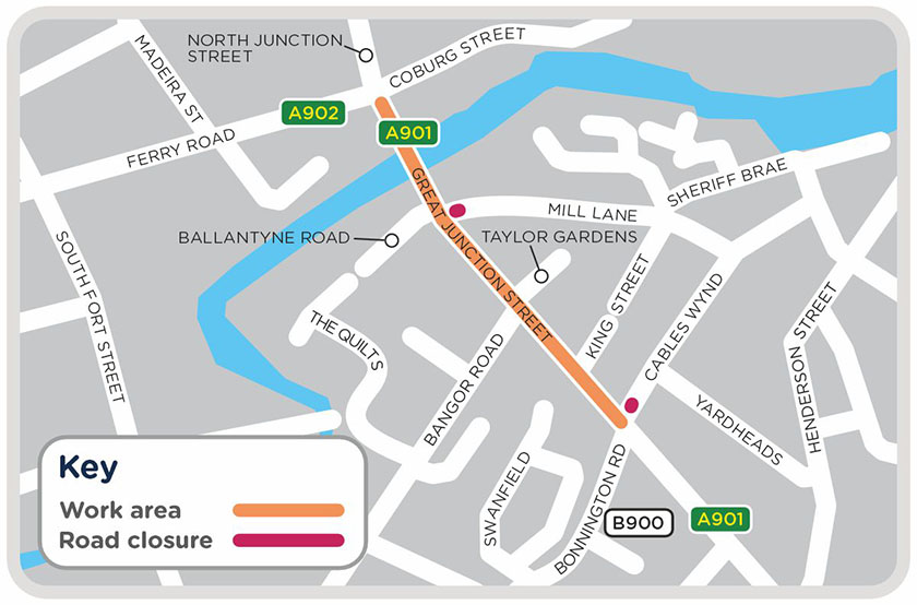 Great Junction Street project map showing working area and road closures