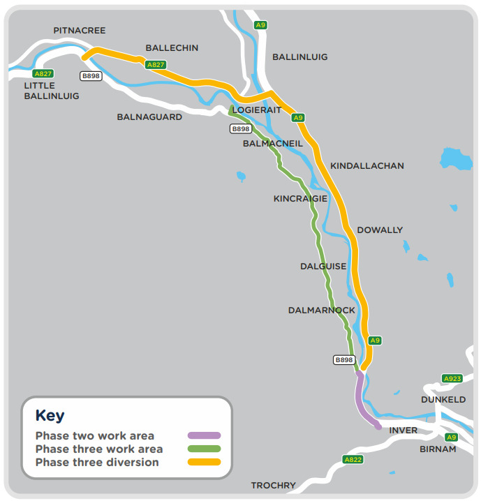 Birnam to Logierait phases two and three project map showing work areas and diversion routes