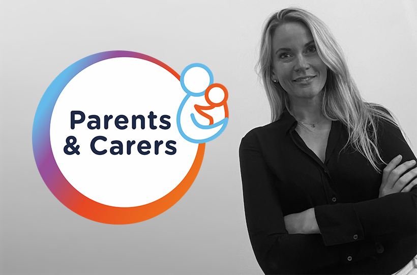 Lucy O'Rourke, Lead Recruiter and Chair of SGN Parents & Carers network, in black and white next to the network's logo