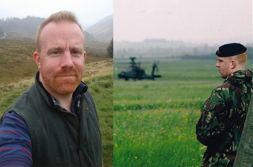Two photos of the same man - one now on a hillside and a younger version in army fatigues with a helicopter in the background
