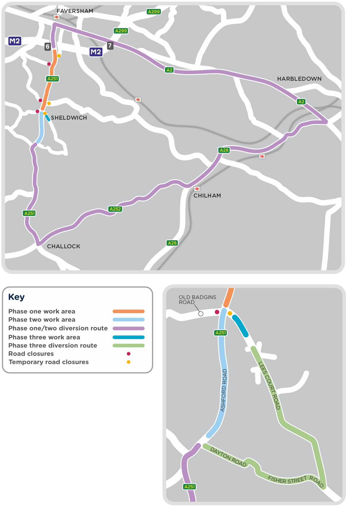 Map displaying the closure areas and diversion routes for the work taking place in Faversham