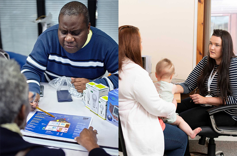 An energy adviser discussing energy efficiency measures next to a different image of a Citizens Advice Scotland frontline worker in an office with a mother and baby