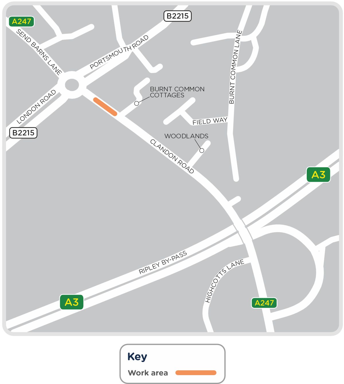 A map outlining our work in Clandon Road, Woking, as detailed on this page