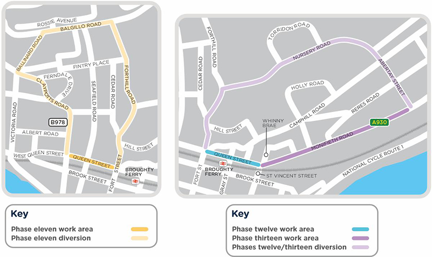 Broughty Ferry project phases 11, 12, and 13 with diversion routes