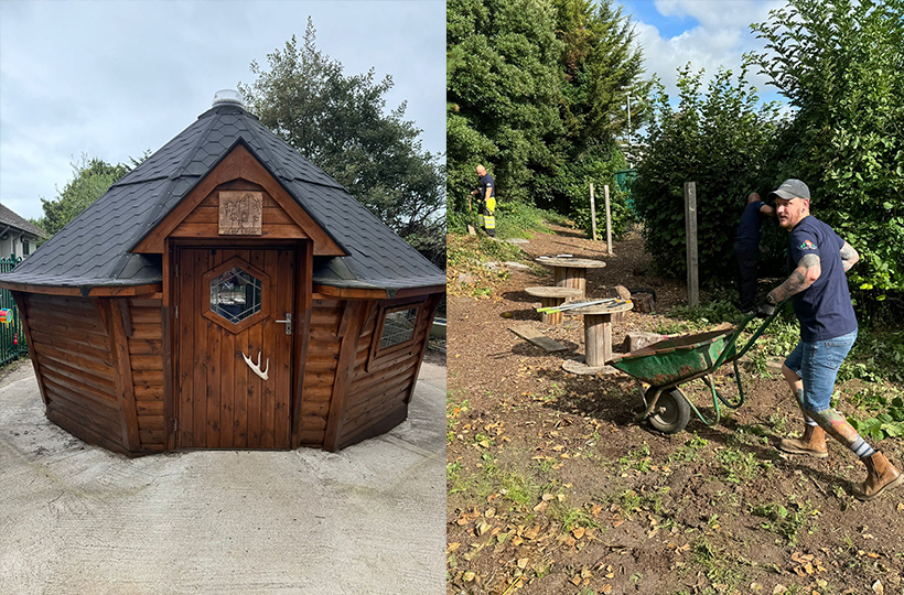 The school’s outdoor lodge with a fresh coat of varnish, and a volunteer pushing a wheelbarrow