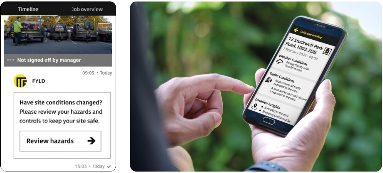 Person holds a smartphone with some details about a site briefing, including weather and traffic conditions, displayed on the screen.