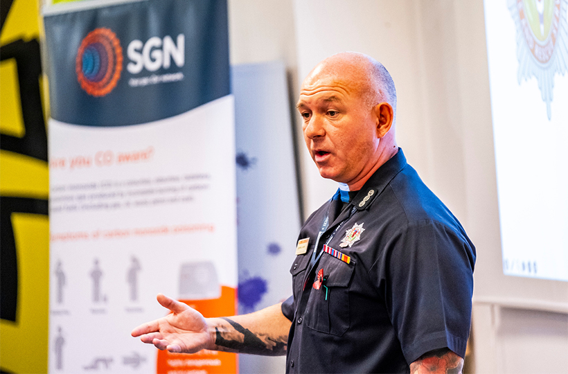 Campbell Sands from Scottish Fire and Rescue Service delivers a safety talk around the dangers of carbon monoxide.