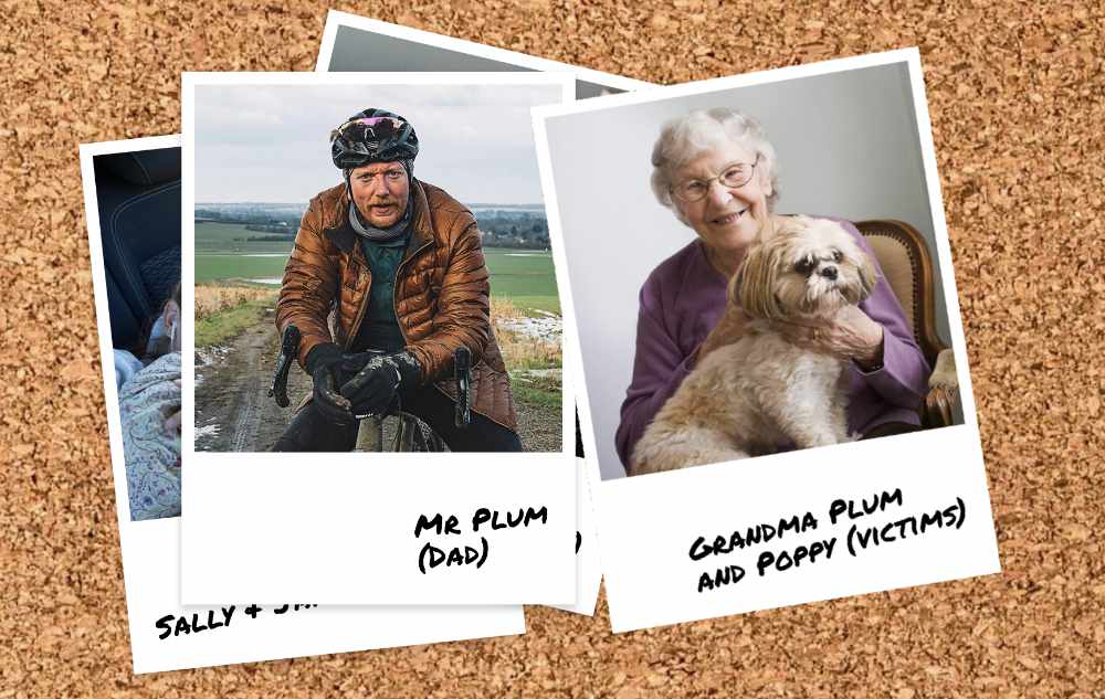 Polaroid photos of people are pinned to a board. The two most visible are a photo of a man outside in a field wearing a jacket and hat, with the words Mr Plum (dad) written beneath, and a smiling older woman holding a dog, with the words Grandma Plum and Poppy (victims) written below