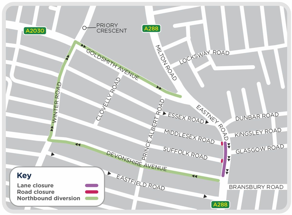 A map showing the closure area and diversion route for gas network repairs along Eastney Road