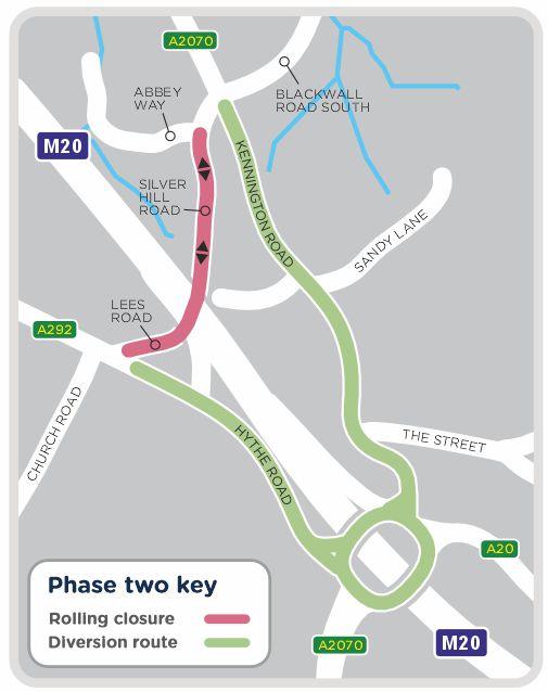 A map outlining phase two of our work in A2070 Kennington Road Ashford, as detailed on this page