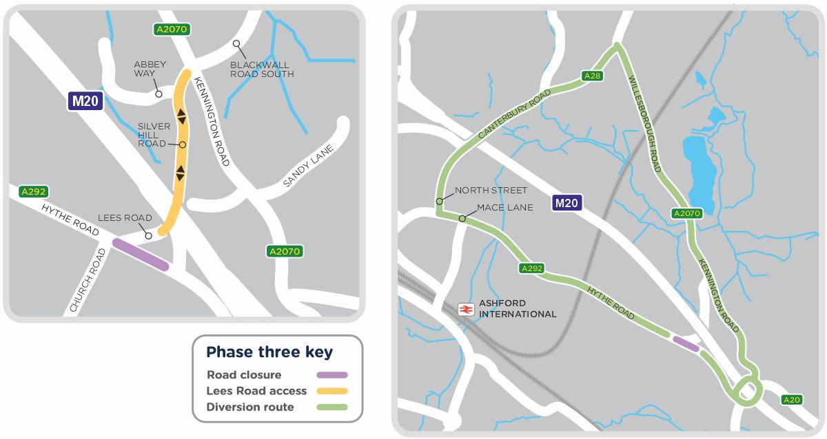 A map outlining phase three of our work in A2070 Kennington Road Ashford, as detailed on this page