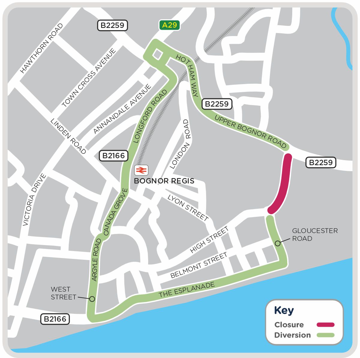 A map of our works area in the High Street, Bognor Regis, as outlined on our project page