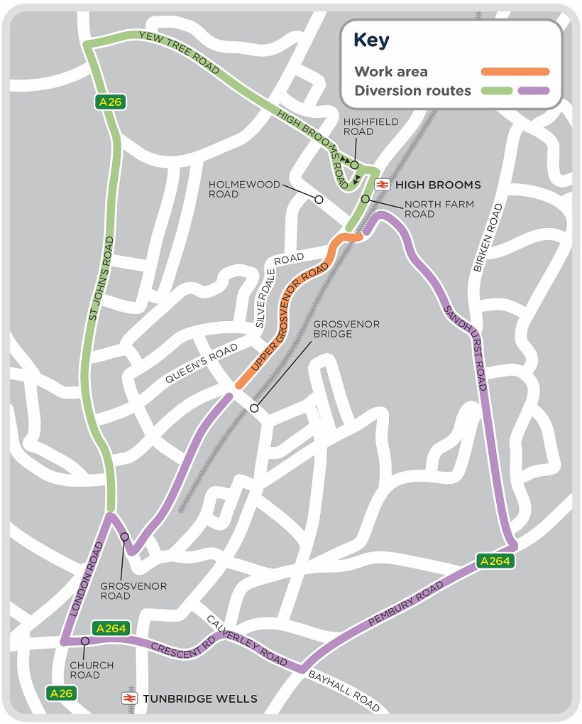 Map showing the work area and diversion routes for upgrades being carried out in Upper Grosvenor Road