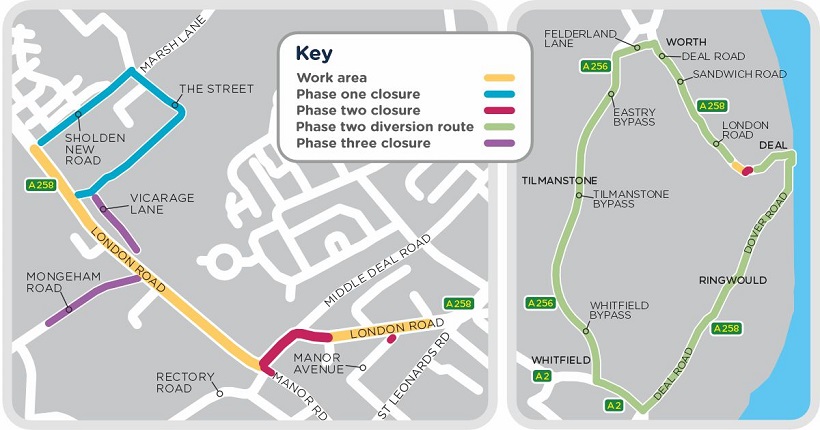 Map showing the work area and diversion routes for upgrades being carried out in Deal