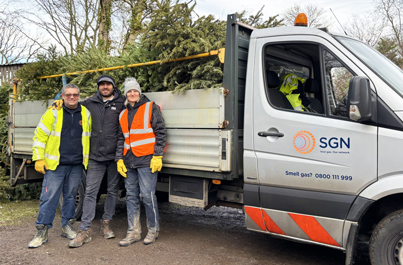 Three people in hi viz in front of an SGN flatbed lorry carrying Christmas trees