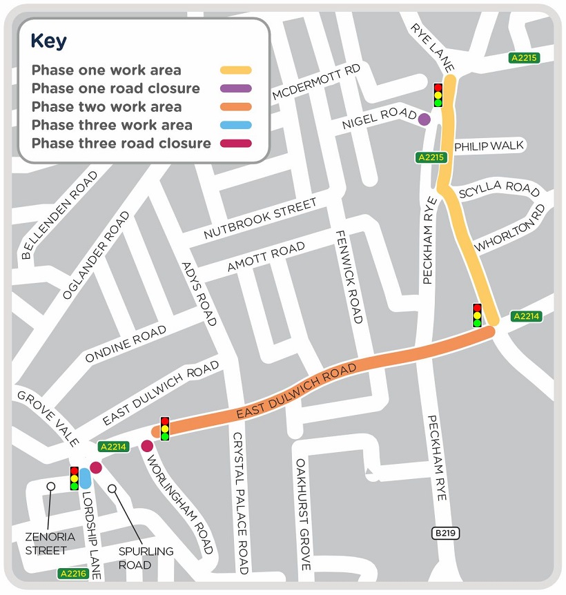 Map shows roads in an area of East Dulwich, south London, and highlights when and where SGN will be undertaking upgrade work to its network