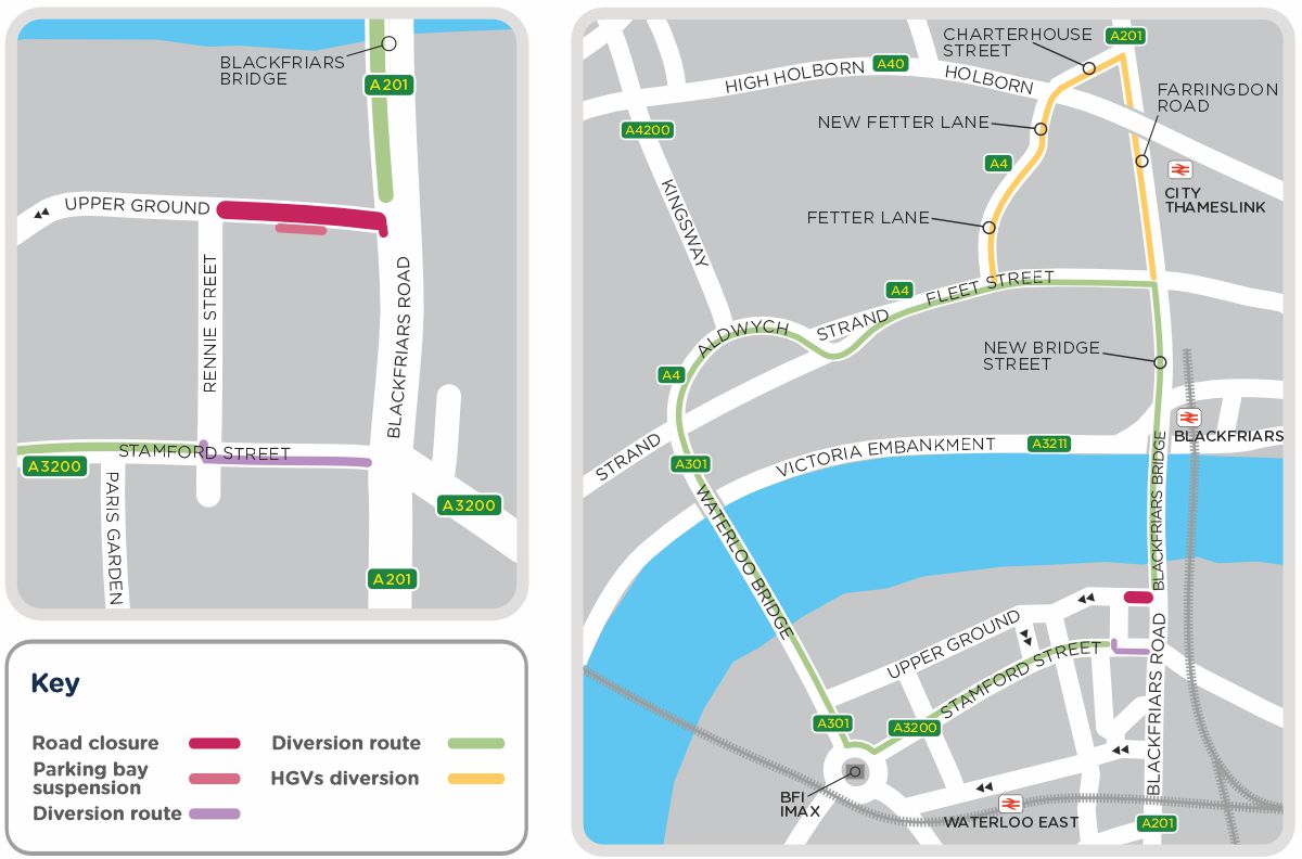 Map showing the closure area and diversion map for work in Upper Ground, Blackfriars