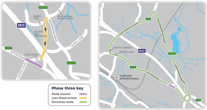 A map showing the closure area and diversion routes for the third phase of work in Willesborough