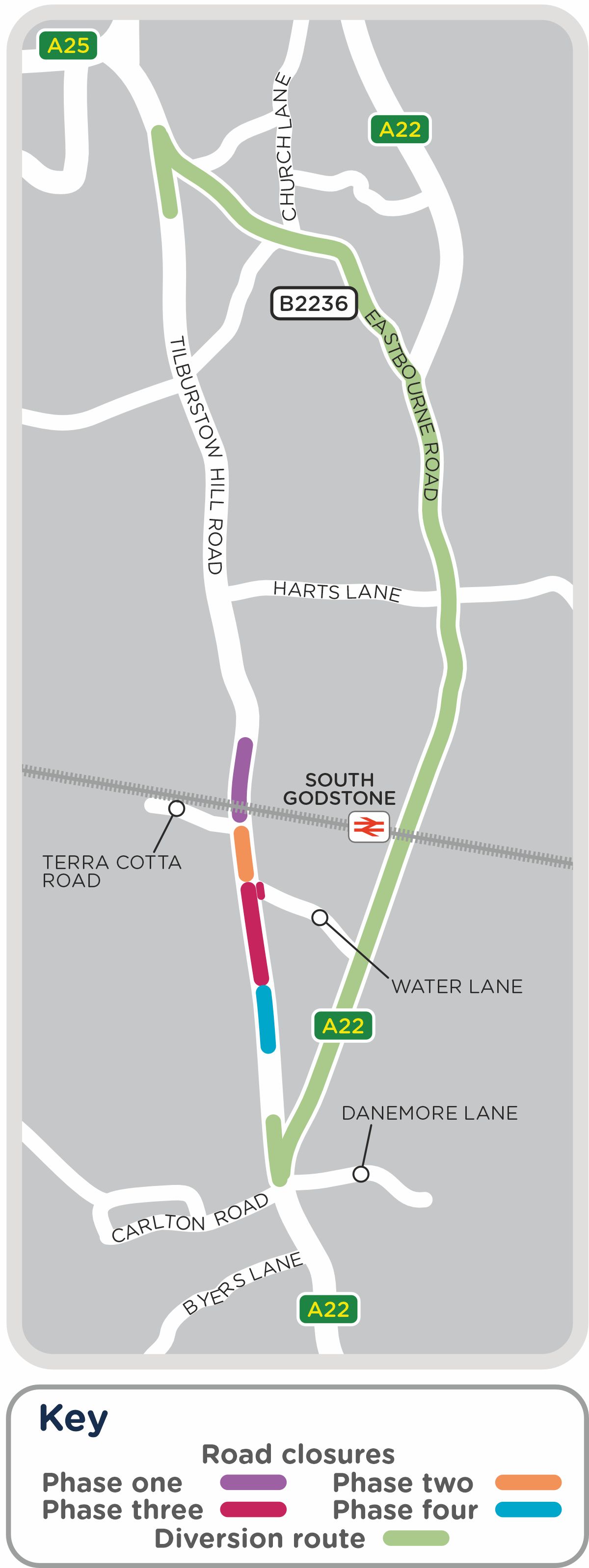 Map showing work area and diversion route during work in south Godstone, Surrey, starting September 2025