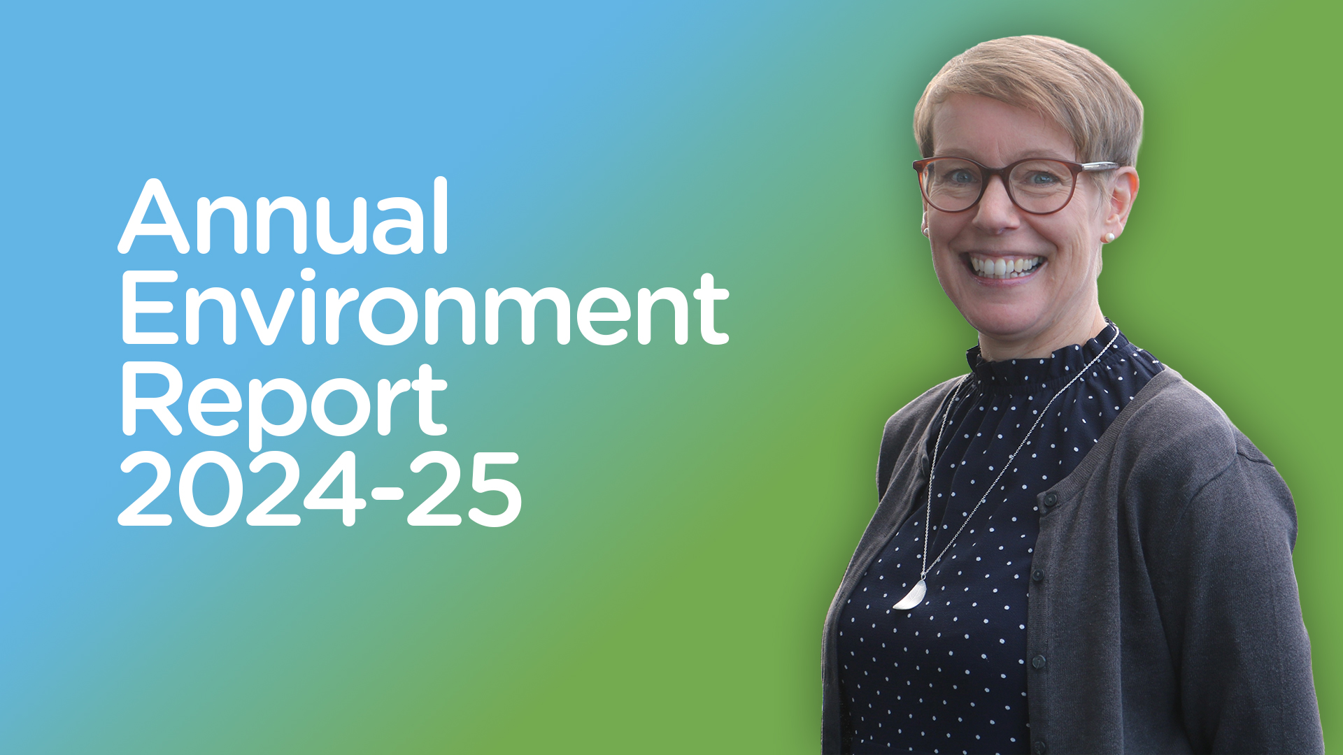 A smiling woman against a blue and green gradient backdrop
