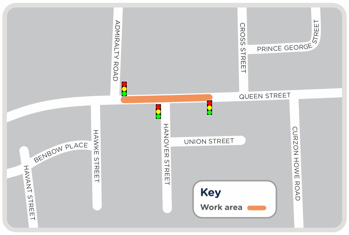 A map showing the work area and position of traffic lights for essential gas network upgrades in Queen Street
