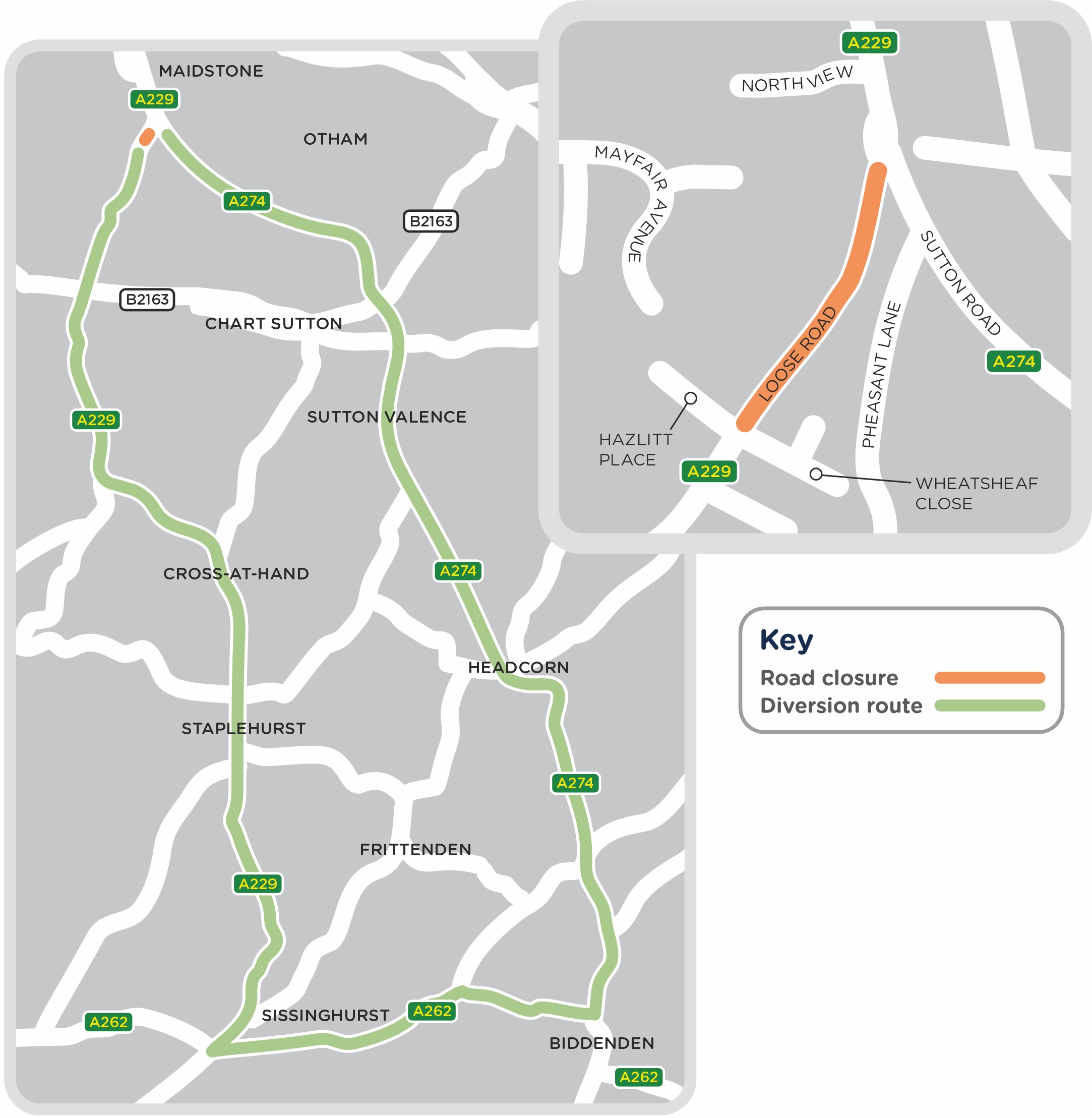 A map showing the closure area and diversion routes for work along A229 Loose Road