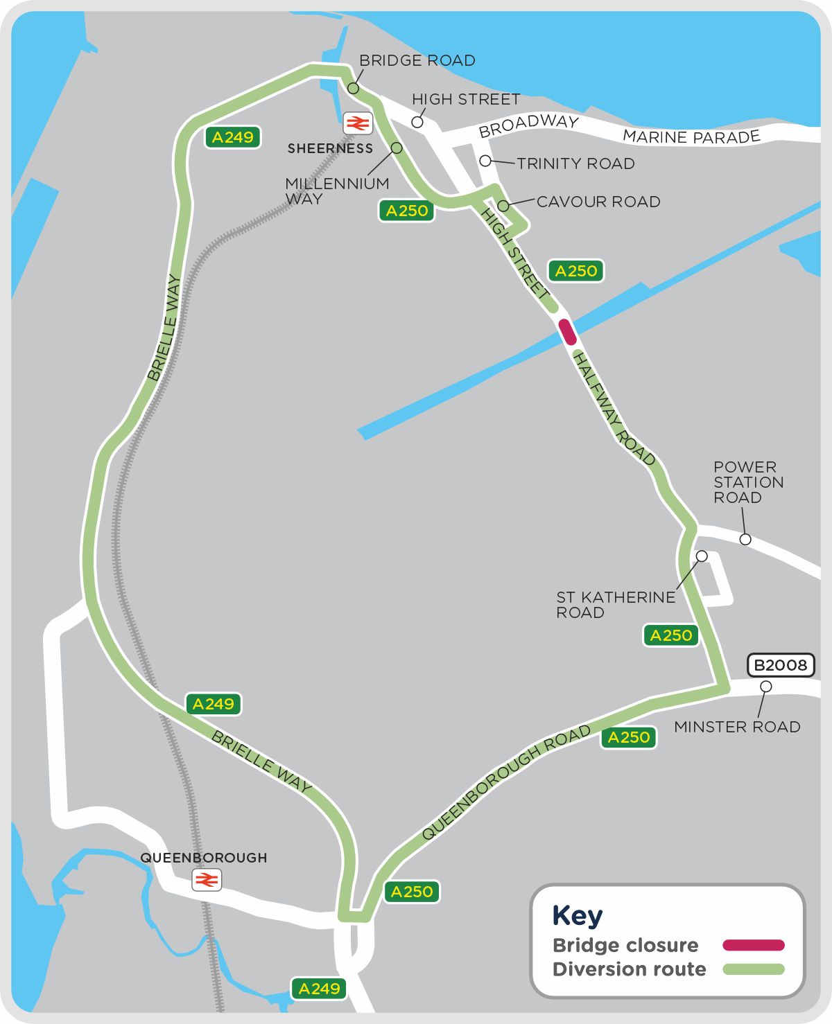 A map showing the closure area and diversion routes for work Halfway Road, Sheerness