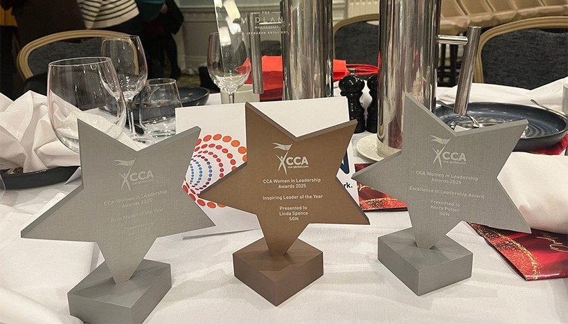 Three trophies on a table. Two are silver and one is bronze