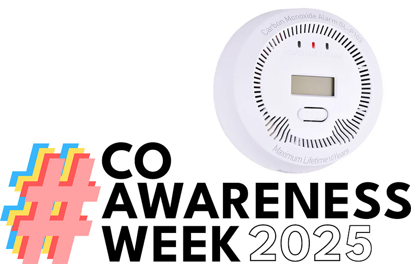 Carbon monoxide alarm with the fault light lit up, alongside the CO Awareness Week 2025 logo