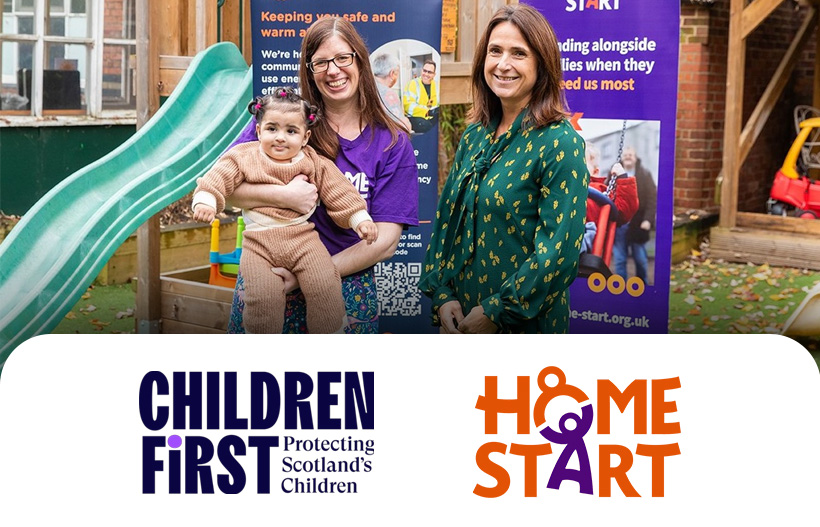 Two women and a child in  a children's playground with the logos for Children First and Home-Start UK