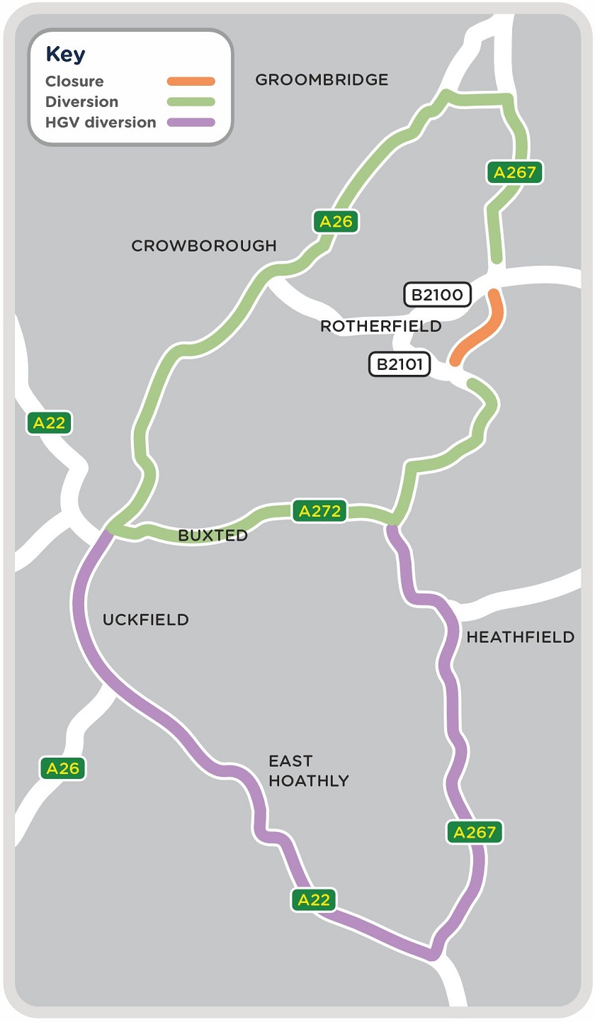 A map showing the closure area and diversion routes for work along A267