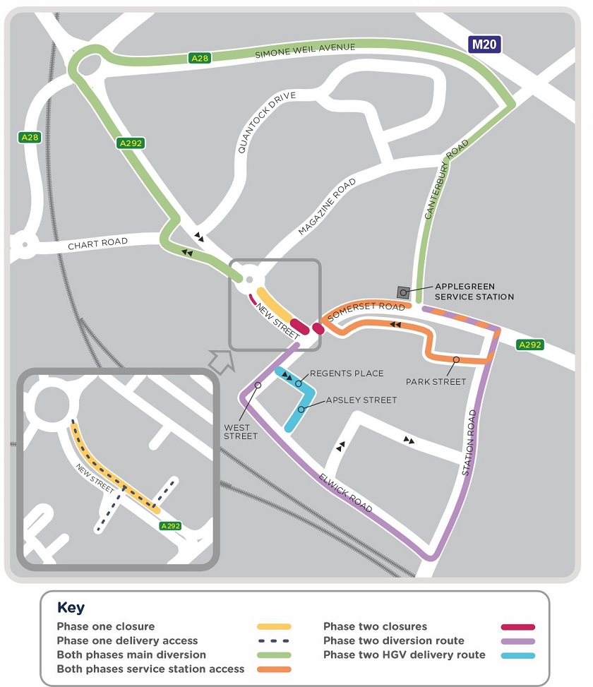 A map showing the closure area and diversion routes for work along New Street
